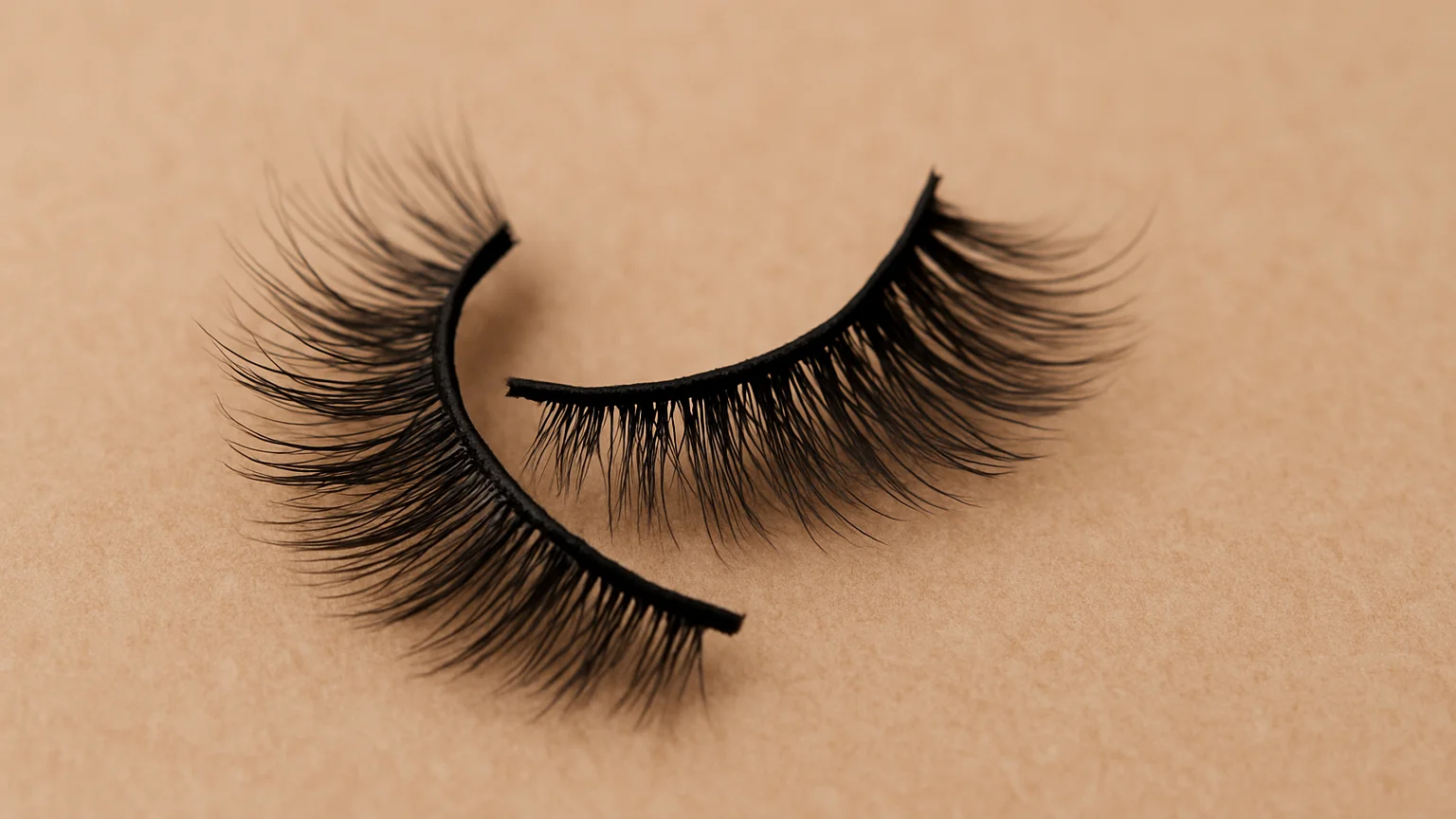 Close product photograph of a folded eyelash band on a warm neutral surface, soft even studio light, crisp texture detai