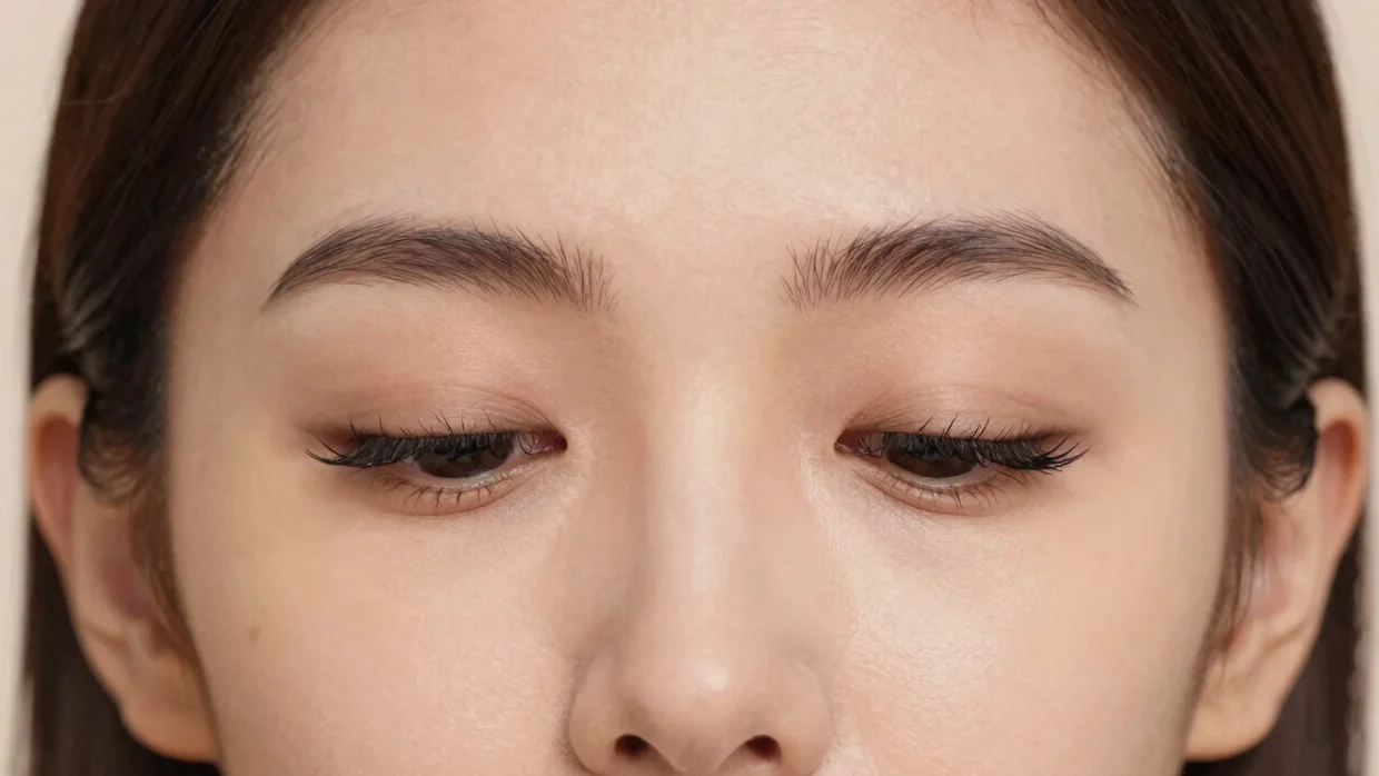 Cropped portrait of a woman wearing eyelashes, soft studio light, warm neutral tones, straightforward crop, no retouchin