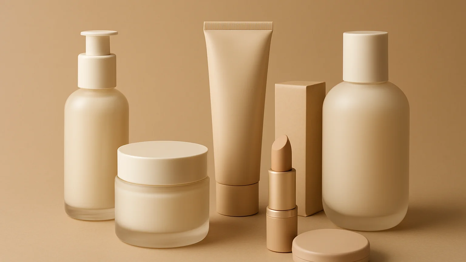 Clean product photograph of beauty essentials and packaging arranged on a warm neutral backdrop, soft diffused light, co