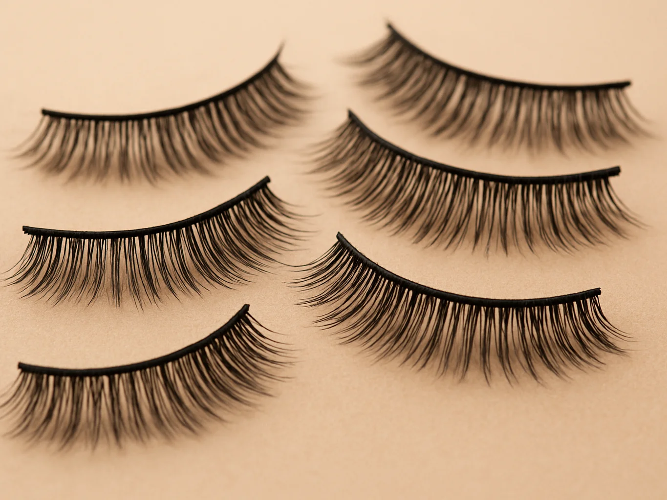Soft diffused studio photograph of several eyelash styles laid out neatly on a warm neutral surface, crisp macro detail