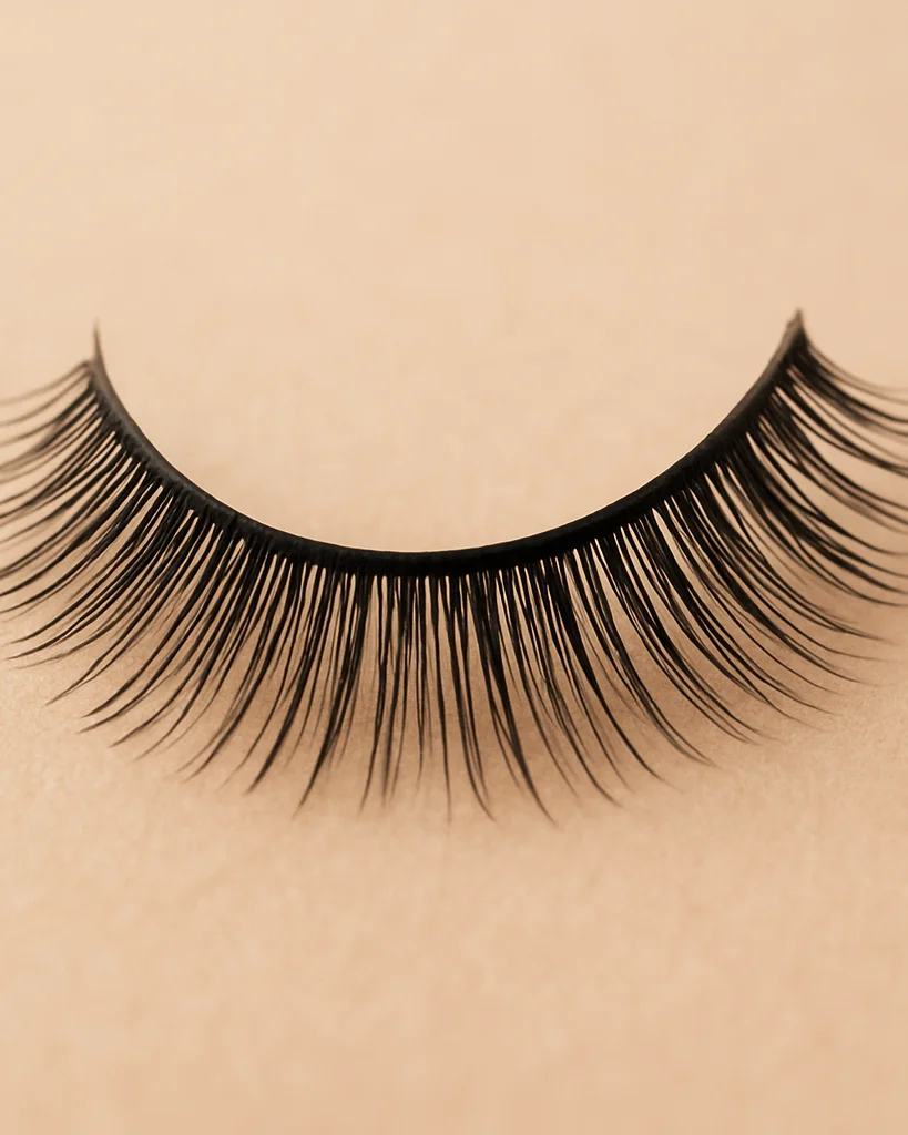 Crisp macro photograph of a single eyelash strip on a neutral background, soft even studio light showing fiber texture a